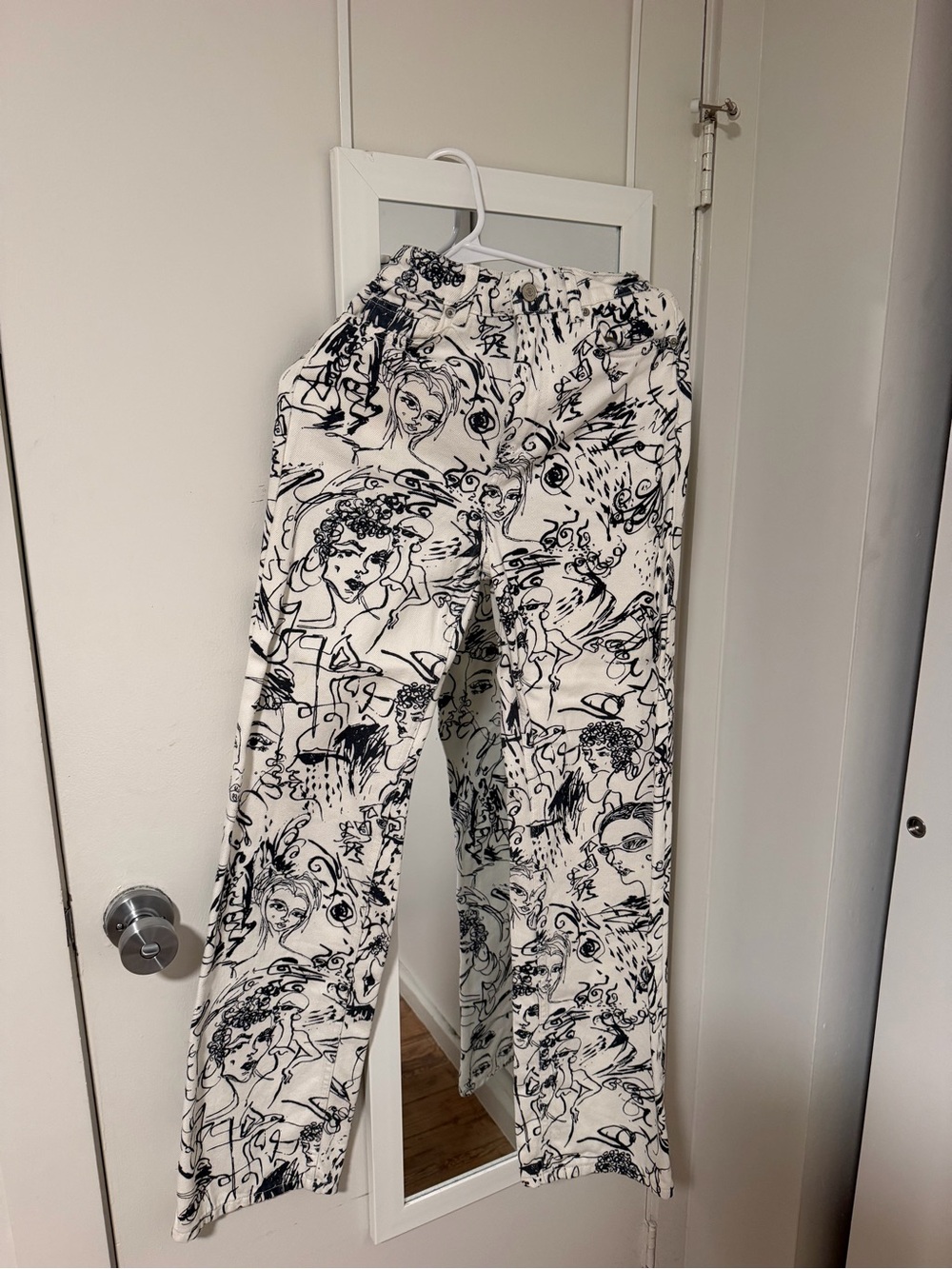 Reformation Cream Straight-Leg Jeans with Black Sketch Print